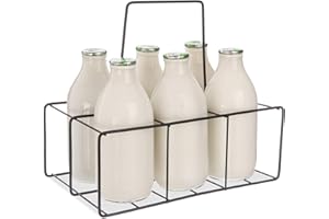 FiNeWaY Nostalgia Milk Bottle Holder Wire Tidy Crate Rack Carry Carrier Doorstep Store Drink Kitchen Storage Organiser Caddy With Integrated Handle (6 Bottle Rack)