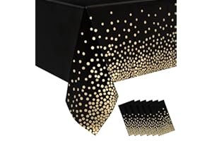 Qidordour 6 Pack Party Table Cloth, Black Disposable Plastic Table Covers, Rectangle Tablecloth Wipe Clean for Parties, Birthday, Wedding, Outdoor, Christmas, Halloween 54" x 108", Black and Gold Dot