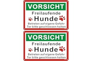 Andchi 2 Stück Achtung Hunde Schild, Freilaufender Hund Schild Metall, ''VORSICHT Freilaufende Hunde Betreten auf eigene Gefahr Tor bitte geschlossen halten'', 30 x 20 cm Aluminium-Metallschild