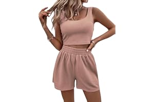 Rayson Survêtements de Sport Femme 2 Pièces Été Crop Top Sans Manches Motif Côtelé et Short Taille Haute Tenue Décontracté Sport Tenue