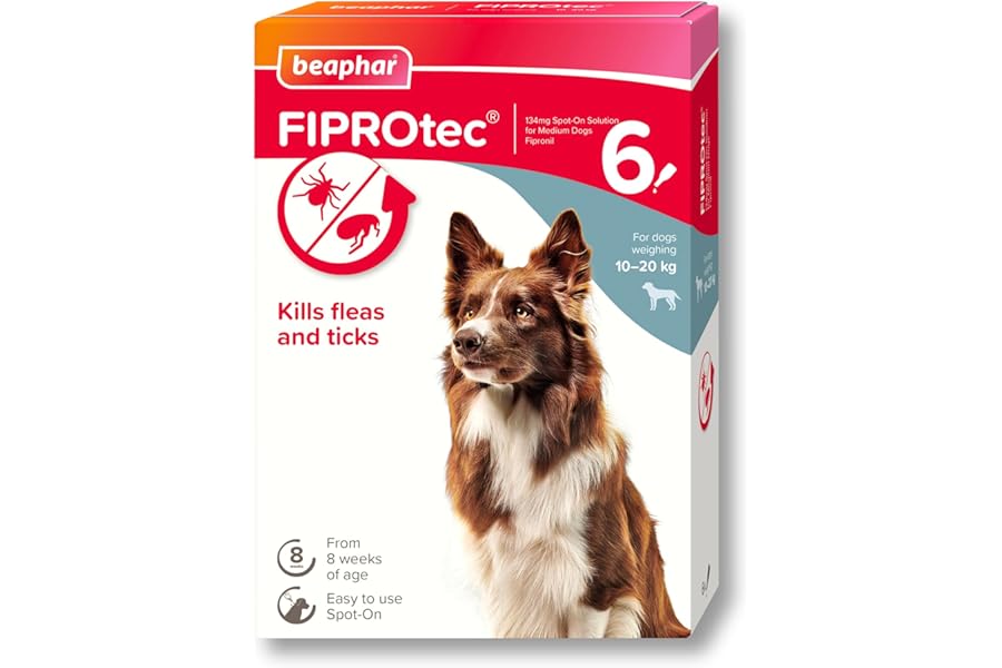 Beaphar - FIPROtec Spot-On Flea & Tick Treatment for Medium Dogs 10-20kg - 6 Pipettes - Kills Fleas & Ticks – Veterinary Medicine - Easy to Apply Monthly - Suitable for Dogs & Puppies from 8 Weeks