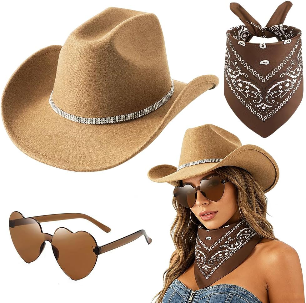 FCXVXCL Sombrero Vaquera 3 Piezas Sombrero de Vaquero Accesorios Sombreros Vaquero del Oeste Traje Sombreros Vaquera con Pañuelo Cuadrado y Gafas para Disfraz Vacaciones Fiesta