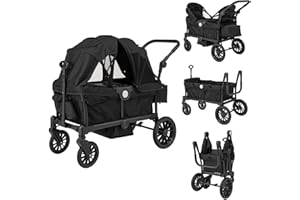 COSTWAY 2-in-1 Folding Twin Pushchair with Adjustable Handle and Removable Hood, Twin Buggy with Cup Holder, Tray, Handcart for 2 Babies from 6 Months (Black)