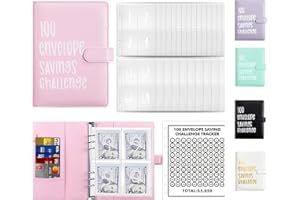 AMONENZ Libretto Risparmio Soldi, Rosa Agenda del Risparmio, Similpelle Risparmio Soldi Challenge, Raccoglitore per Risparmiare Soldi, con 100 Buste, per Casa, Scuola e Ufficio