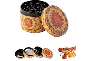 VireEyU Macinino per Spezie e Erbe Vintage Sun, Grinder per Polline e Crusher, Macina in Metallo per Spezie, Erbe, Polline, Vaniglia con Raschietto per Polline, Giallo (40 mm)