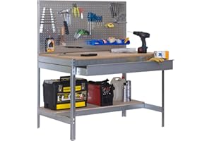 SimonRack Etabli d’Atelier, Capacité de Charge 600 kg, 1445x1210x610 mm, Panneau Perforé, Étagère Tiroir de Rangement, Table de Travail Bricolage, Galvanisé/Bois - BT2