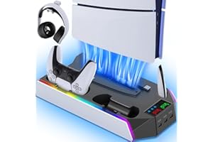 ZRZLMVP PS5/Slim/Pro Standfuß mit Controller Ladestation für PlayStation 5 Konsole Disc/Digital, PS5 Zubehör inkl. RGB Licht, Controller Ladestation, Lüfter, Headset Halterung, USB Hub, Schwarz-Weiß