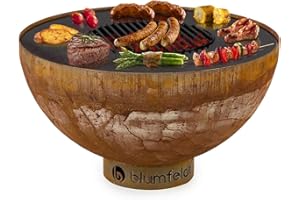 blumfeldt Savage Feuerschale mit Grill, Ø Feuerschale: 60,5 cm, Wasser- und frostfest, Brennstoff: Feuerholz oder Holzkohle, Material: Stahl, inkl. Wetterschutz, Typ: Klein, rost