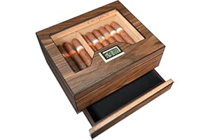 ‎VOLENX Volenx Humidor Cigars, Cedar Wood Humidors with Hygrometer and Humidifier, Handmade Cigar Humidor with Accessory Drawer for 25-30 Cigars, Black Walnut Wood Grain (No Cigar)