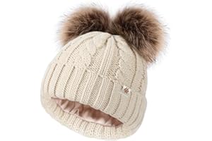 Creekstone Enfants Bonnet d'hiver Doublé de Satin Soie pour Cheveux, Bonnet Chaud Doubles Pompons pour Bébé, Chapeau Tricoté Beanie Garçon Fille