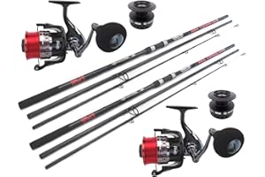 HUNTER PRO 2 X 12ft Carbon Surf Beach Caster Rod & Sea Fishing Reel + Spare Spool