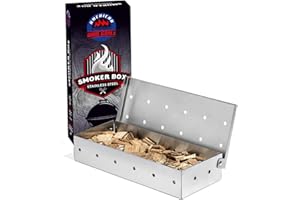 American BBQ Grill Smoker Box - For Smoking Wood Chips and Woodchips - Heavy Duty Stainless Steel - Smoky Flavor Grilled Meat and Fish - For Gas and Charcoal Grill - Perfect Smokebox Gift for Him