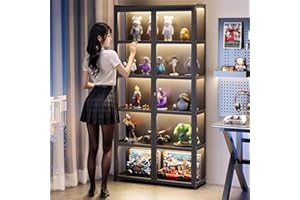 EFGETD Curio Display Cabinet with Acrylic Double Doors with Lights, Display Cabinet Corner with Lock for Collectibles, Transparent Figures Display Case Floor Standing Showcase(Black,6 Floor 80cm)
