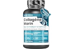 VITASTRONG. Collagene Marin, Acide Hyaluronique, Vitamine C, 180 Comprimés, Collagène Hydrolysé de Type 1&2 Collyss Cartidyss, Supplément de Collagene Marin Acide Hyaluronique avec Vitamin C, Qualité Vitastrong