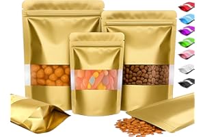 Plaphy 100 Bolsas Zip Doypack Herméticas con Ventana, Stand Up Pouch de Colores, Bolsas Mylar de Aluminio de Pie con Cierre Resellables para Empaque y Almacenamiento de Alimentos (Dorado, 12 x 20 cm)