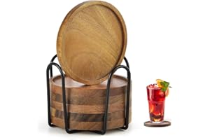 APOMOONS Lot de 6 Ronds Dessous de Verre en Bois d'acacia avec Support, sous-Verres Dessous de Verre en Bambou, Assiette pour Bougies de Baptême pour Boissons, Tasses, Verre, Maiso, Bar