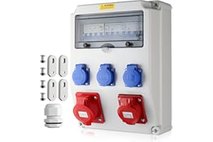 EYPINS Distributore di Corrente da Cantiere,2x 230V 1x 16A 1x 32A,Quadro Elettrico Esterno da Parete,Protezione LS e FI,Impermeabile,per Giardini, Garage, Officina