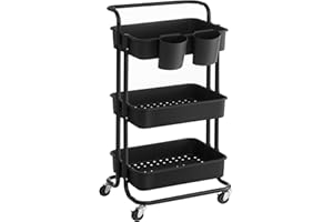 SONGMICS Carrello Scorrevole, Trolley a 3 Livelli, Carrello di Servizio con Manico e 2 Piccoli Organizzatori, Struttura in Acciaio, per Bagno Lavanderia, Nero BSC067B01