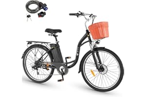 DYU Vélo Électrique,26 Pouces Vélo Électrique avec Dérailleur Shimano 6 Vitesses,36V 12,5Ah Batterie Amovible,Smart Urban E-Bike avec Panier,Pédalage Assisté,Hauteur Réglable,Adulte Unisexe