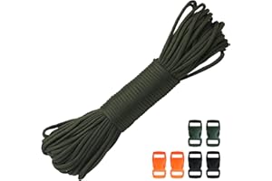 DONDEEN 30M 550lb Paracord Rope 4mm Heavy Duty 7 Strand Nylon Cord Tent Rope Cord with 6 Plastic Buckles for Camping Hand Crafting (Army Green, 4mm * 30M)