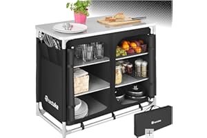 TecTake® Meuble de Rangement Cuisine de Camping Pliable en Aluminium, avec Étagères, Plan de Travail, Pieds réglables, Sac de Transport Inclus, Stockage pour Vaisselle, Accessoires Cuisine, Aliments