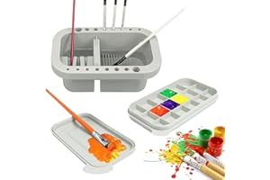 Jenrisben 3 in 1 Oil Paint Brush Cleaner Pot with Watercolour Palette, Art Paintbrush Washer Basin and 16 Hole Paintbrush Holder, Multifunctional for Artist
