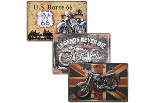 Plaques décoratives en métal pour moto | Set de 3 plaques vintage | Décoration rétro de moto pour salon, bar, atelier, bureau, taille 20 x 30.