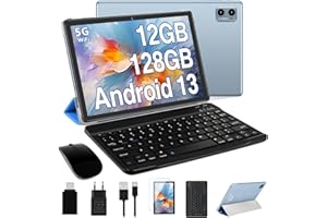 Oangcc 2024 Newest Tablet 10 Pulgadas Android 13 OS, 12 GB RAM+128 GB ROM(TF 1TB), 5G+2.4G WiFi, 8 Core 2.0 GHz, BT 5.0, Widget, 6000 mAh, 5+8MP, Certificada GMS Tableta con Teclado + Funda - Azul