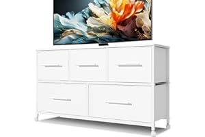 MYGIIVOVO Chest of Drawers, Dresser for Bedroom with 5 Fabric Drawers, TV Stand with 4 Castors, Storage Organizer Unit for Living Room Kids Room (White)
