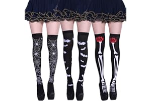QTUN 3 Pairs Halloween Thigh High Long Stockings Harlequin Tights Black White Striped Thigh High Sock Clown Socks Checkerboard Cosplay Stockings for Girls