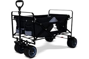 TOPWELL Folding Camping Cart Outdoor Wagon Trolley Transport Free Standing Collapsible Utility Grocery Canvas Fabric Rolling Buggies Garden Sport Wagons（Black/Grey）