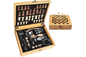 CAILION Set di Accessori da Vino con Cavatappi a Testa di Coniglio, Scatola in Legno Antico, Anelli Salvagoccia - Set da Sommelier (BambooWood)