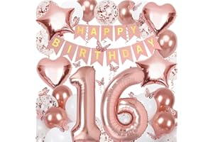 NELOTAOR 16th Birthday Decorations for Girls, Rose Gold 40 Inch Number 16 Foil Birthday Balloons with Happy Birthday Banner and Butterfly Stickers