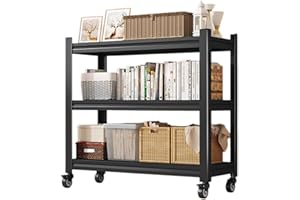 Coolpleasant Metallregal,3 Ebenen Garagenregal Auf Rollen,Einstellbarer Rollwagen Mikrowellen Regal Werkzeugregal Küchenregal Kellerregal,Schwarz,80x40x80cm