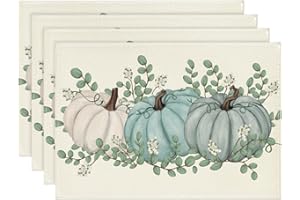 ‎ARTOID MODE Artoid Mode DREI Blau Kürbisse Eukalyptus Herbst Platzsets 4er Set, 30x45cm Urlaub Tischsets Waschbar Platzdeckchen Küche Party Deko