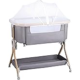 Larex Next To Me Crib，Baby Bassinet Bedside Sleeper Crib Co Sleeper with Mosquito Net, Storage Bag & Basket,Baby Crib with 5-