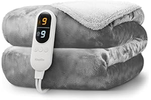 KEPLIN Large Electric Heated Throw Blanket - Electric Heated Blanket Throw for Bedspread 9 Heat Settings & Timer, Machine Washable Fleece Wool Duvet with 1 Year Warranty - Grey/Cream Sherpa