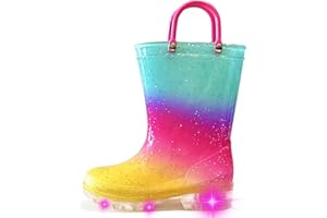 Greentiming Kids Wellies for Girls Boys, Toddler Wellies Light Up Glitter Waterproof Wellington Boots with Easy on Handles