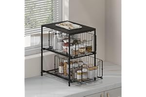 Meltrck Estante para especias, Estante de Almacenamiento Para Cocina, Organizador de Cocina, Cajón Deslizante de 2 Niveles, Almacenamiento de Escritorio, Para cocina, Sala de estar (Negro Madera)