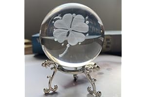 HDCRYSTALGIFTS Presse-papier en forme de boule de cristal sculptée en 3D, trèfle à quatre feuilles avec support de floraison plaqué argent, 60 mm