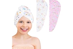WAWSAM 2 Pcs Turban Hair Towels Serviette en Microfibre avec Boutons Séchage Rapide pour Cheveux (Licorne Blanche et Rose)