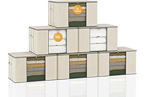 IZSUZEE Lot de 6 Sac de Rangement 90L, Grand Boite Rangement Caisse Rangement Cartons Déménagement Bac Rangement Pliable, Sac de Rangement Sous Lit Édredons Couvertures Oreillers Jouets Vêtements Beige