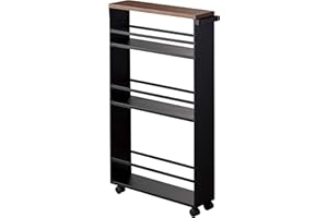 ‎YAMAZAKI Yamazaki 3628 TOWER Nischenwagen mit Griff, schwarz, Stahl/Holz, Minimalistisches Design, 13 x 47,5 x 80,5 cm (LxBxH)