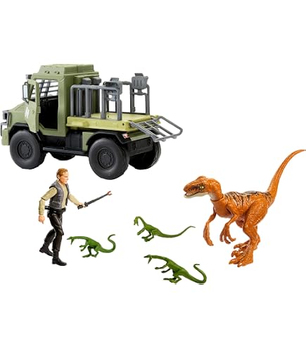 Mattel Jurassic World – Ensemble de figurines dinosaures avec fonction Flip & Roll – Véhicule Mission Mayhem