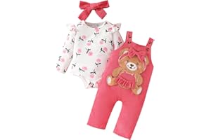 UUAISSO Vestiti per Neonate Top Floreali Tuta Orso Salopette Regolabile Tuta Set di Abiti