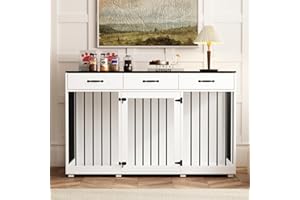 Dog Box with 3 Drawers, 137 W x 57 D x 85 H cm, Dog Cage with Grid Doors, Dog Kennel, Transport Box for Dogs, Dog House for Medium Dogs, Living Room, Bedroom, Indoor, White and Black