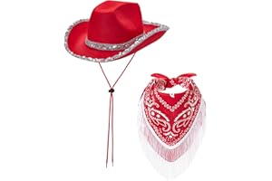 Kouoybt Women Sequins Cowboy Hats + Bandana 2PCS Set Glitter Wide Brim Western Cowgirl Hats for Birthday Party Supplies