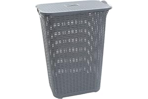 DANIEL JAMES HOUSEWARES 75L Laundry Hamper Storage Linen Clothes Washing Basket Lid Plastic Rattan Style (Grey)