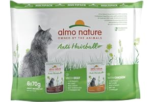 Almo Nature Functional Anti Hairball - Comida Húmeda para Gatos - Ayuda a Prevenir Bolas de Pelo - Multipack Buey y Pollo - 6 x 70g