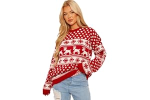 CRAZY FASHION Merry Christmas Rudolph Pom Pom Knitted Jumpers for Women Ladies Reindeer Round Neck Long Sleeve Xmas Snowflake Casual Winter Sweater Santa Chunky Jumper Top UK Plus Size 8-22